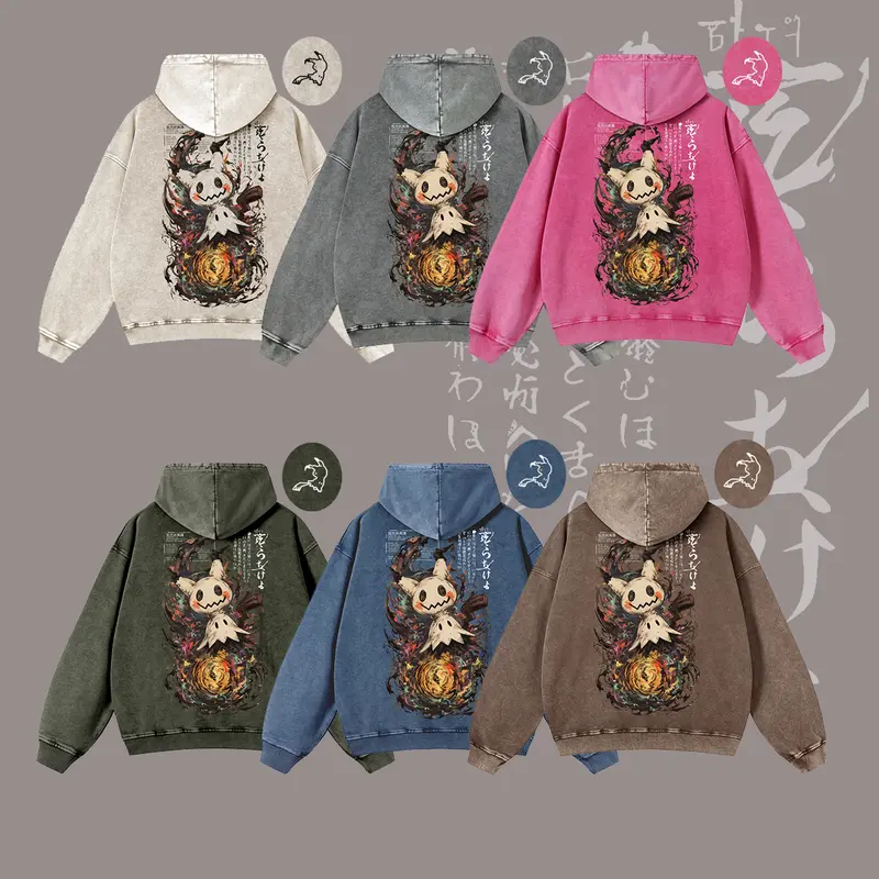 Unisex Mimikyu Japanese Ink‑Wash Style Rag Doll Yokai Pocket Graphict Washed hoodie Personalized Pattern Y2k Clothing Round Neck Washed hoodie,Women's Clothing, Menswear, Top, Vintage Style,Summer Casual Oversized