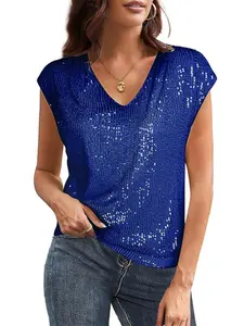 Women's Sequin V-Neck Top, Casual Elegant Design, Perfect for Parties and Daily Wear, Fashionable Women's Clothing