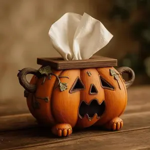 PLL Halloween Pumpkin Tissue Box Holder, Spooky Style Tissue Dispenser for Desk & Bathroom Decor, Halloween Gift Idea