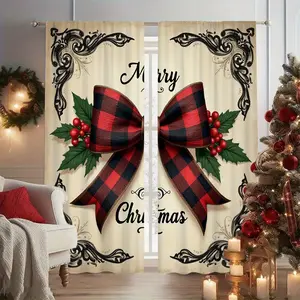 2pcs Christmas Curtains - Red & Black Plaid Bow with Pine Branches, Semi-Sheer Window Drapes for Living Room, Bedroom, Office - Machine Washable Holiday Window Treatments  - Easy Hang Rod Pocket Design