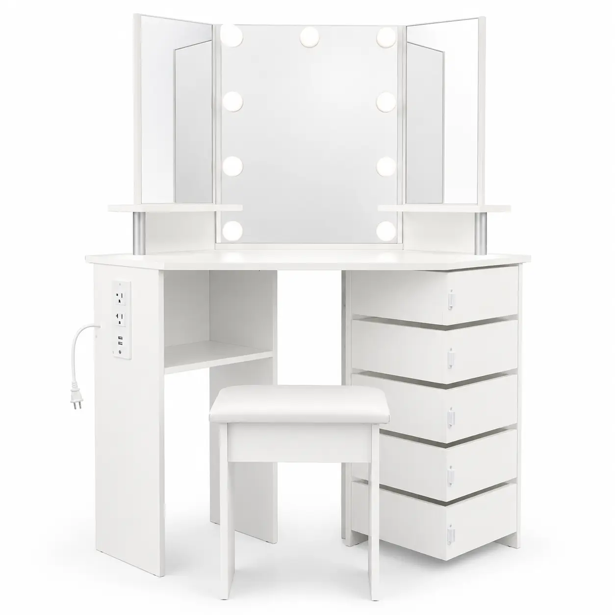 Premium Space-Saving Corner Makeup Vanity Desk with Tri-Fold Lighted Mirror & AC/USB Power Strip, Modern Bedroom Dressing Table with 3-Color LED Lights, 5 Rotating Drawers & Cushioned Stool, Wood Cosmetics Organizer for Women and Girls