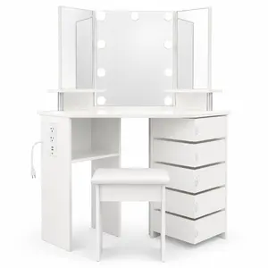 Premium Space-Saving Corner Makeup Vanity Desk with Tri-Fold Lighted Mirror & AC/USB Power Strip, Modern Bedroom Dressing Table with 3-Color LED Lights, 5 Rotating Drawers & Cushioned Stool, Wood Cosmetics Organizer for Women and Girls