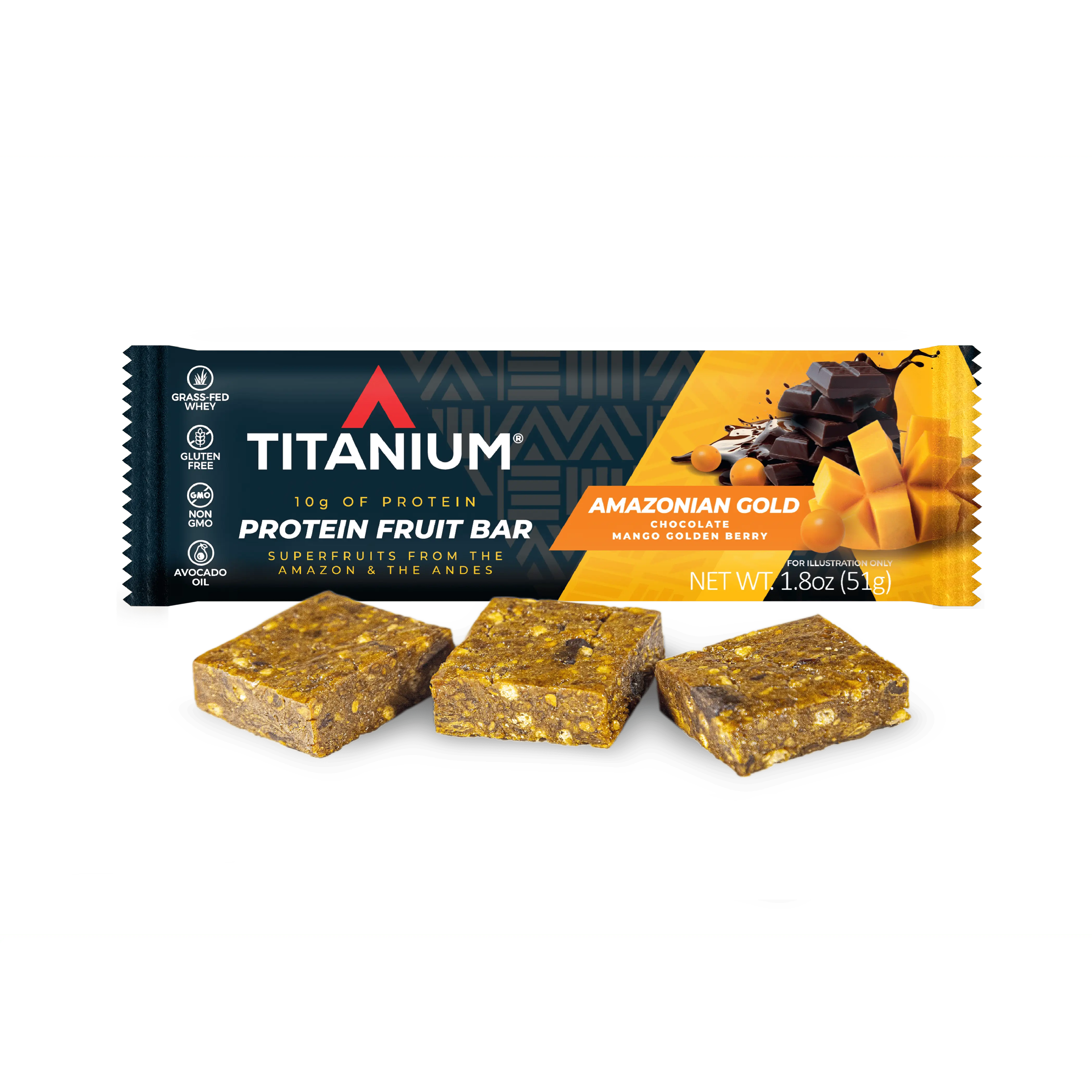 Protein Fruit Bar with Grass-Fed Whey | 10g Protein | Amazonian Gold Flavor (Mango, Golden Berry & Chocolate) | Real Dried Superfruits from the Amazon | Gluten-Free Healthy Snack