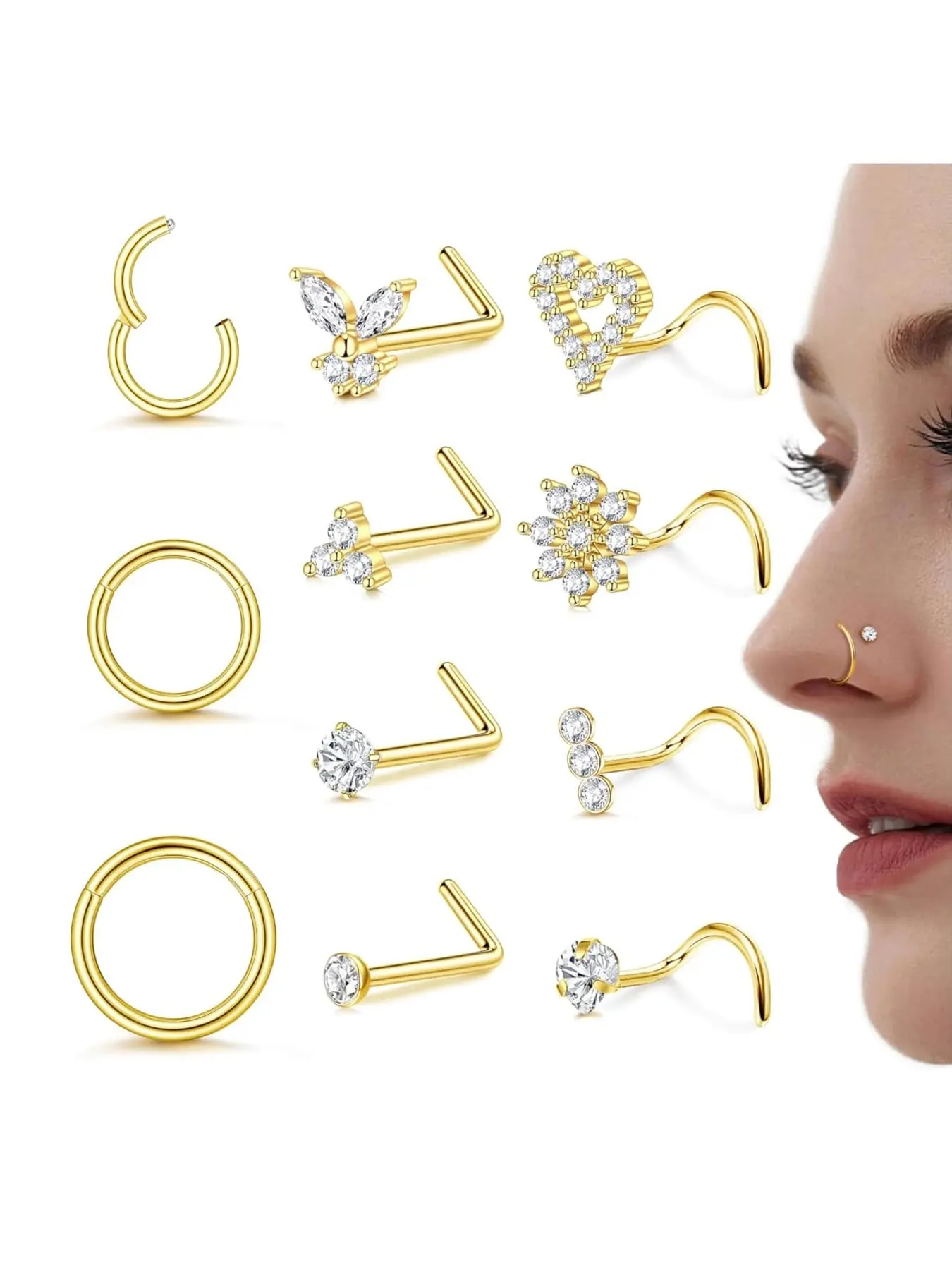 11Pcs Perfect Nose Studs Nose Rings 18G 20G Nose Rings Studs Gold Small Nose Studs Spiral Nose Ring - L Shaped Corkscrew Hoop Nose Ring - CZ Butterfly Heart Flower 316L Surgical Steel Tiny Nostril Nose Piercing Jewelry for Women Men