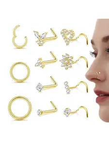 11Pcs Perfect Nose Studs Nose Rings 18G 20G Nose Rings Studs Gold Small Nose Studs Spiral Nose Ring - L Shaped Corkscrew Hoop Nose Ring - CZ Butterfly Heart Flower 316L Surgical Steel Tiny Nostril Nose Piercing Jewelry for Women Men
