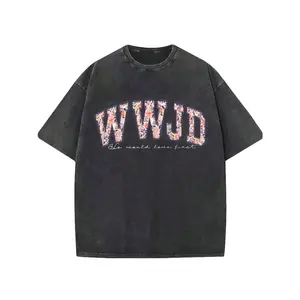 Washed 100%-Women's 1pc Religious "WWJD- He Would Love Graphic Tee: Featuring Distressed Vintage Finish, Floral- Filled "WWJD"(What Would Do?) Letter Print, Delicate Script "He Would Love Crafted From Breathable 1-Y2K