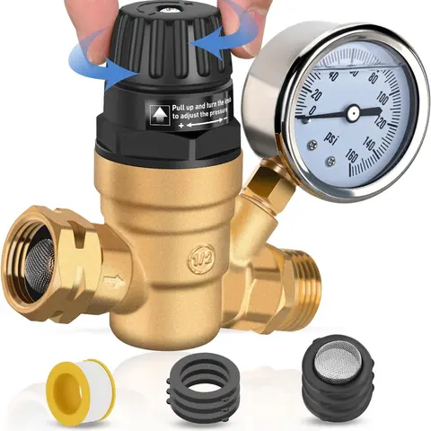 Nilight Lead-Free Brass RV Water Pressure Regulator with 0-160Psi Readout Oil-Filled Gauge, Double Inlet Screen Filters, 3/4" GHT(NH) Female Inlet, Adjustable Handle, Hose Gasket, Home & Garden Compatible, Fits Camper Travel Trailers