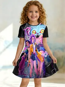 Girls' Cartoon Anime Graphic Print Dress, Round Neck Short Sleeve, Asymmetrical Design, Knee Length, Fitted H-Type, Casual One-Piece