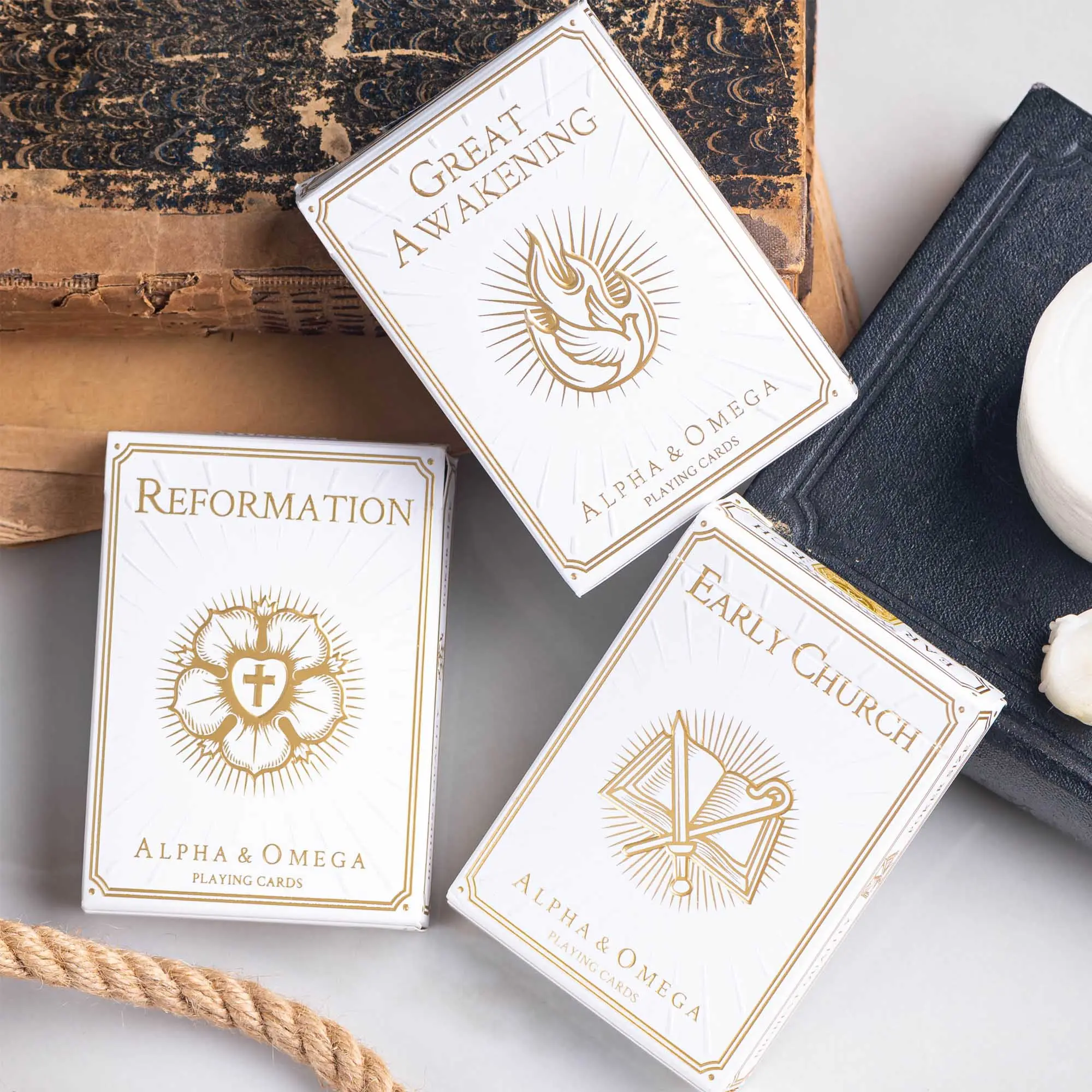 Alpha & Omega Cool Playing Cards - Hand-Illustrated Woodcut Style, Metallic Gold Accents, Embossed Details, Playing Card Print Decks for Games