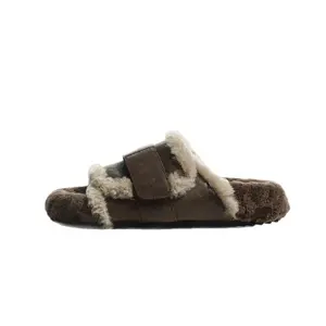 YASHO 2026 Women's Faux Shearling Slide Slippers - Retro Platform Indoor Outdoor House Shoes with Adjustable Strap, Cozy Winter Warm Slippers for Women