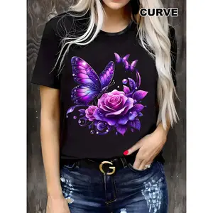 [Plus Size Graphic Tee] Women's soft stretchy oversized plus size graphic tee with purple blue butterfly floral geometric print, crew neck, short sleeve, machine washable, casual spring summer tops.