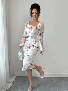 Pleated Fitted Casual Vacation Bohemian Style Women Dress Fall Cloth for Women Bishop Sleeve Long Sleeve Square Neck Elegant Floral Pattern Bodycon Wedding Dress