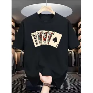 Men'S Casual Digital Print T-Shirt - Polyester and Spandex Blend, Round Neck, Short Sleeve, Street Hip-Hop Style, Summer European and American Fashion Trend, Sporty Look