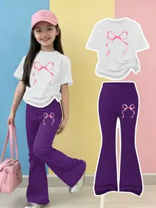 Girls' Bowknot Print Casual Set, Girl Clothes School, 2-Piece Girl T-Shirt & Tight Bell-Bottom Pants, Comfortable Elastic Waist, Spring Summer, Casual Outfit Set