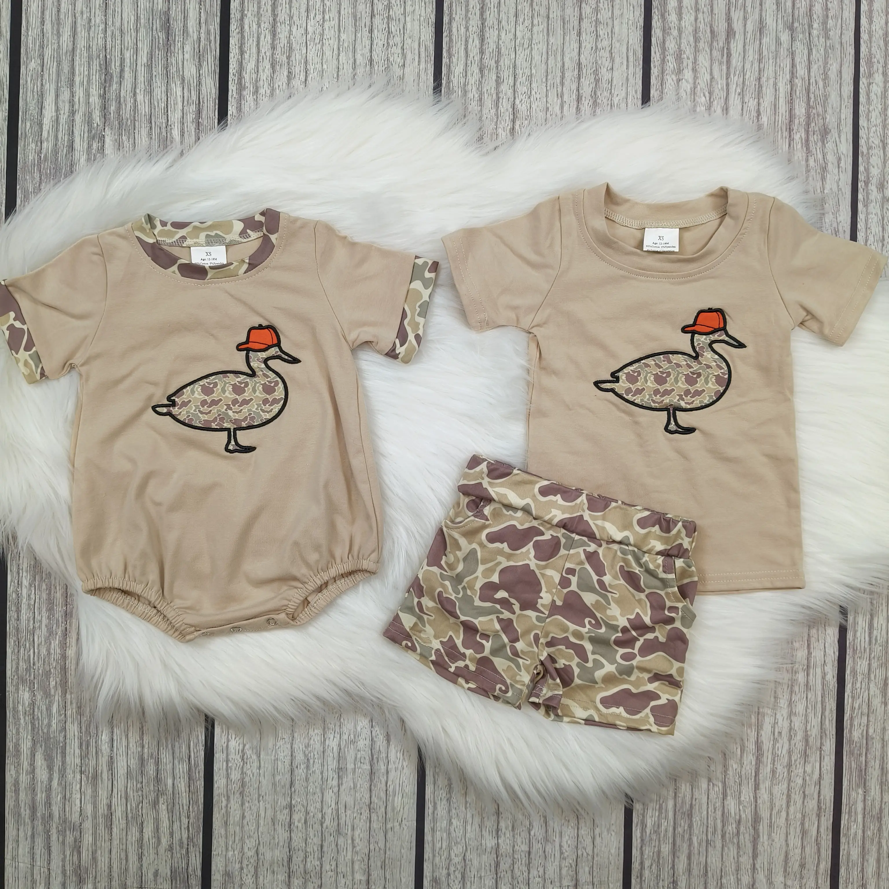 Embroidered brown green camouflage duck short sleeve shorts summer kids boy outfits