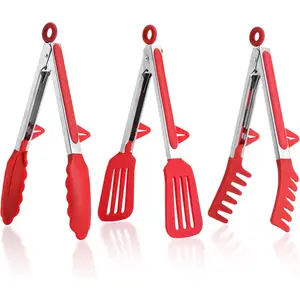 Kitchen Tongs,Set Of 3 Tongs with  Tip for Cooking 9/12 Inch Stainless Steel Kitchen Tong for Meat, Grill,Salad,BBQ,Frying,Serving,Dishwasher (Red, 12 Inch)