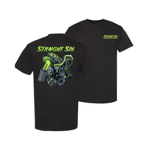 Straight Six Engine T-Shirt with Neon Green Performance Graphic, Bold 2 Sides Automotive Graphic Tee, Soft Cotton Blend Shirt, Car Enthusiast Streetwear for Men and Women, Gift for Gearheads