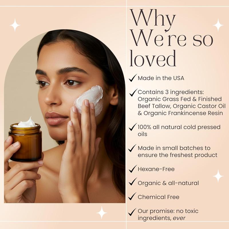 Frankincense & Castor Oil Beef Tallow Grass Fed & Finished Organic Moisturizer for Skin Hydrating & Nourishing for Cracked, Dry Skin Age Defying