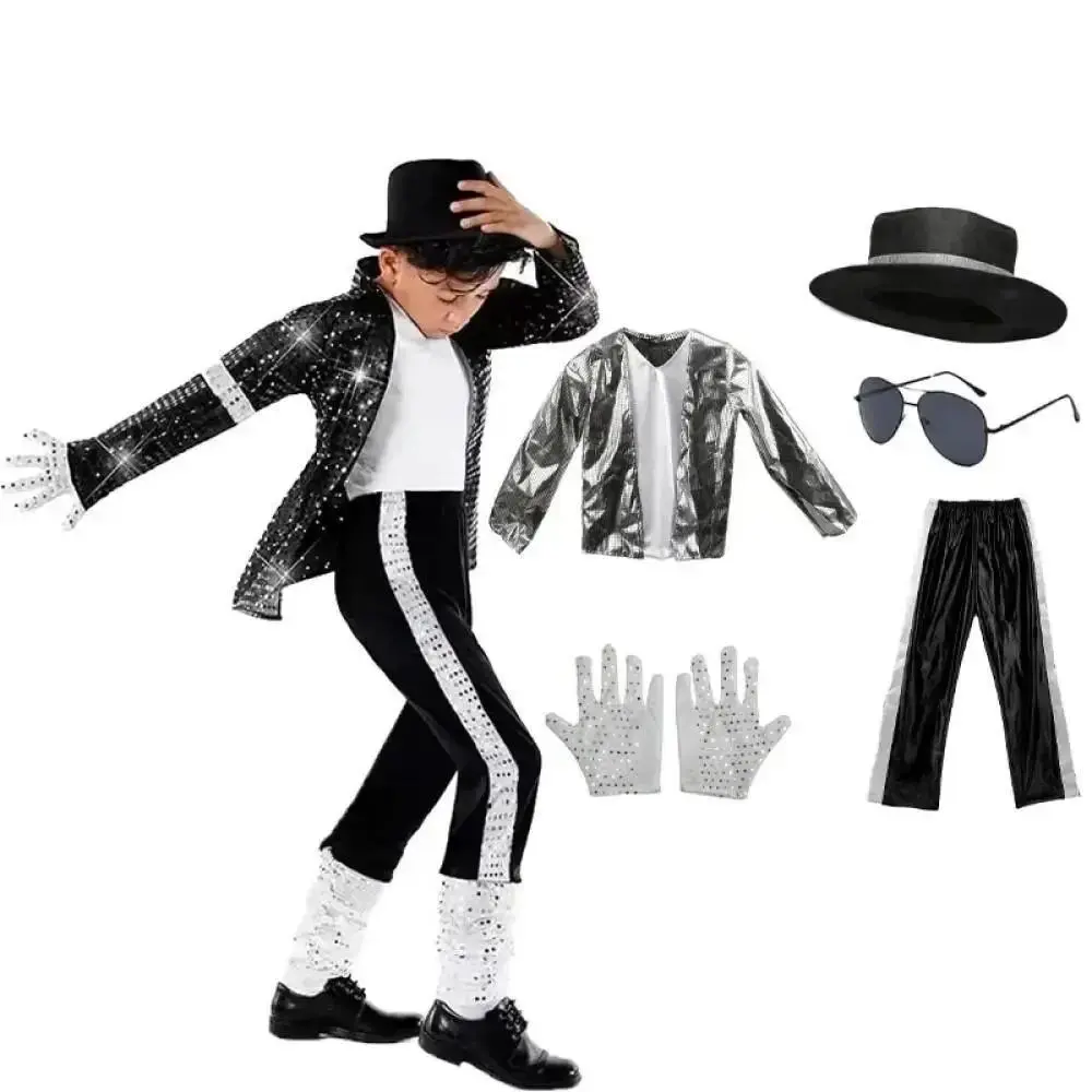 Kids Boy Michael Jackson Billie Jean Cosplay Black Suit Dance Disco Halloween Fancy Dress Up 80s Pop King Costume for Top Pants