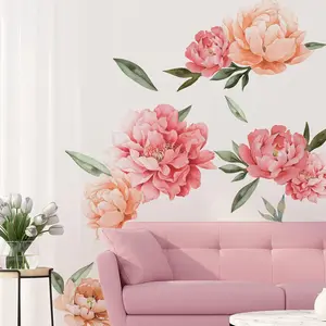 Peony  Wall , Watercolor Elegant Peonies Rose Floral Wall Stickers,   Blossom Flower Wallpaper Art Applique for Living Room Bedroom Girls Room