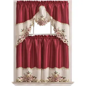 Arch Floral Kitchen Curtain Set/Swag Valance & Tier Set. Nice Matching Color Floral Embroidery  Border with cutworks ()