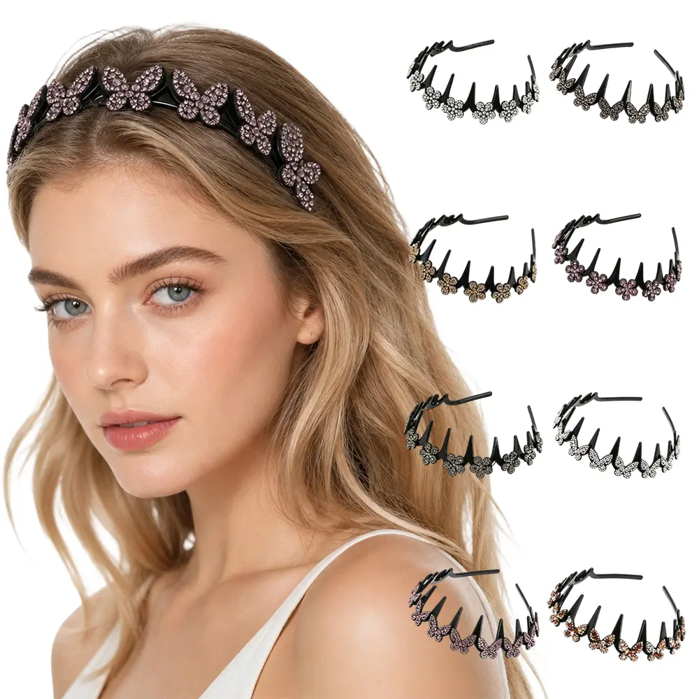8PCS Butterfly Crystal Headbands for Women Non Slip, Wave Rhinestone Headbands for Women's Hair, Grey Glitter Fashion Hair Accessories, Elegant Comb Headband with Teeth, Headband Gifts for Women