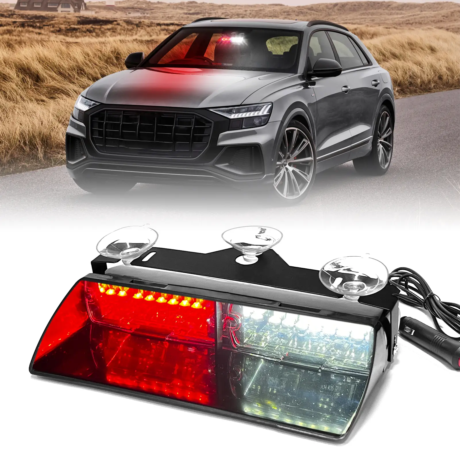 DIBMS LED Emergency Waning Light 16 LED High Intensity Windshield Hazard Warning Flashing Strobe Lamp with Suction Cups for Car Truck Red White