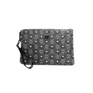 Pre-owned MCM Canvas Clutches & Wristlets Veritas Medium Dark Grey Denim Monogram Logo Clutch Pouch Women's Handbag