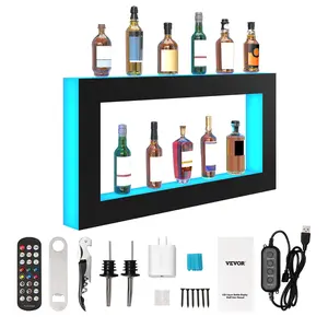 Tuspu Exhibidor de botellas de licor con luz LED, cuadrado de 48 pulgadas, estante de barra iluminado para el hogar con control remoto RF y control de aplicación, 7 colores estáticos, sincronización d