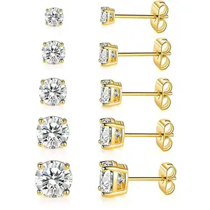 MDFUN 5 Pairs Stud Earrings Sets 3-7MM 18K Gold Plated Round/Cushion/Asscher/Emerald Cut Cubic Zirconia Earring Hypoallergenic Stud Earrings for Women Men