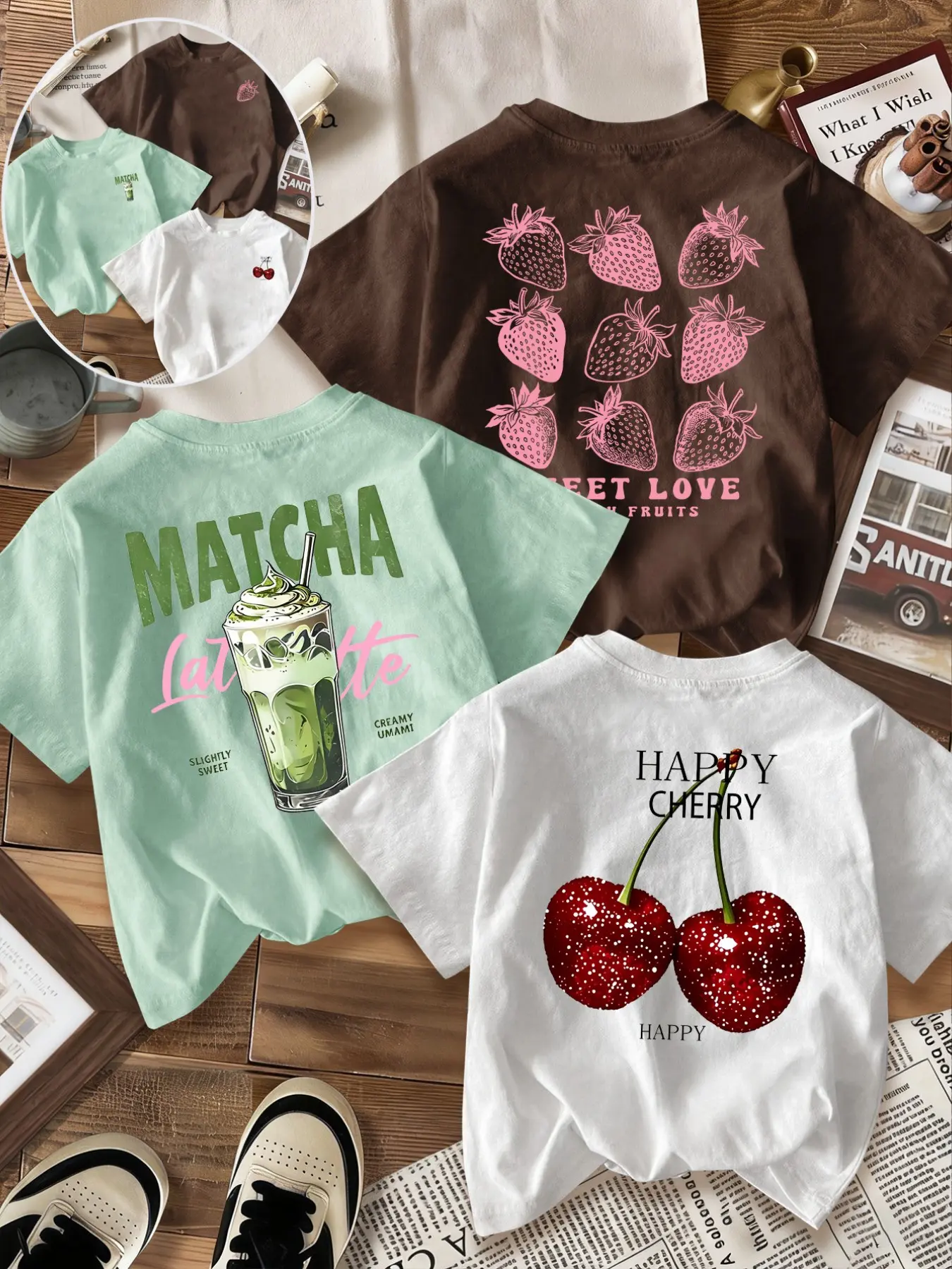 Breathable Casual T-Shirt Fabric, Loose-Fit Oversize Round Neck Design, Strawberry & Matcha & Cherry Print, Fashion Comfort, Daily Wear, Top, 3-Pack, Classic