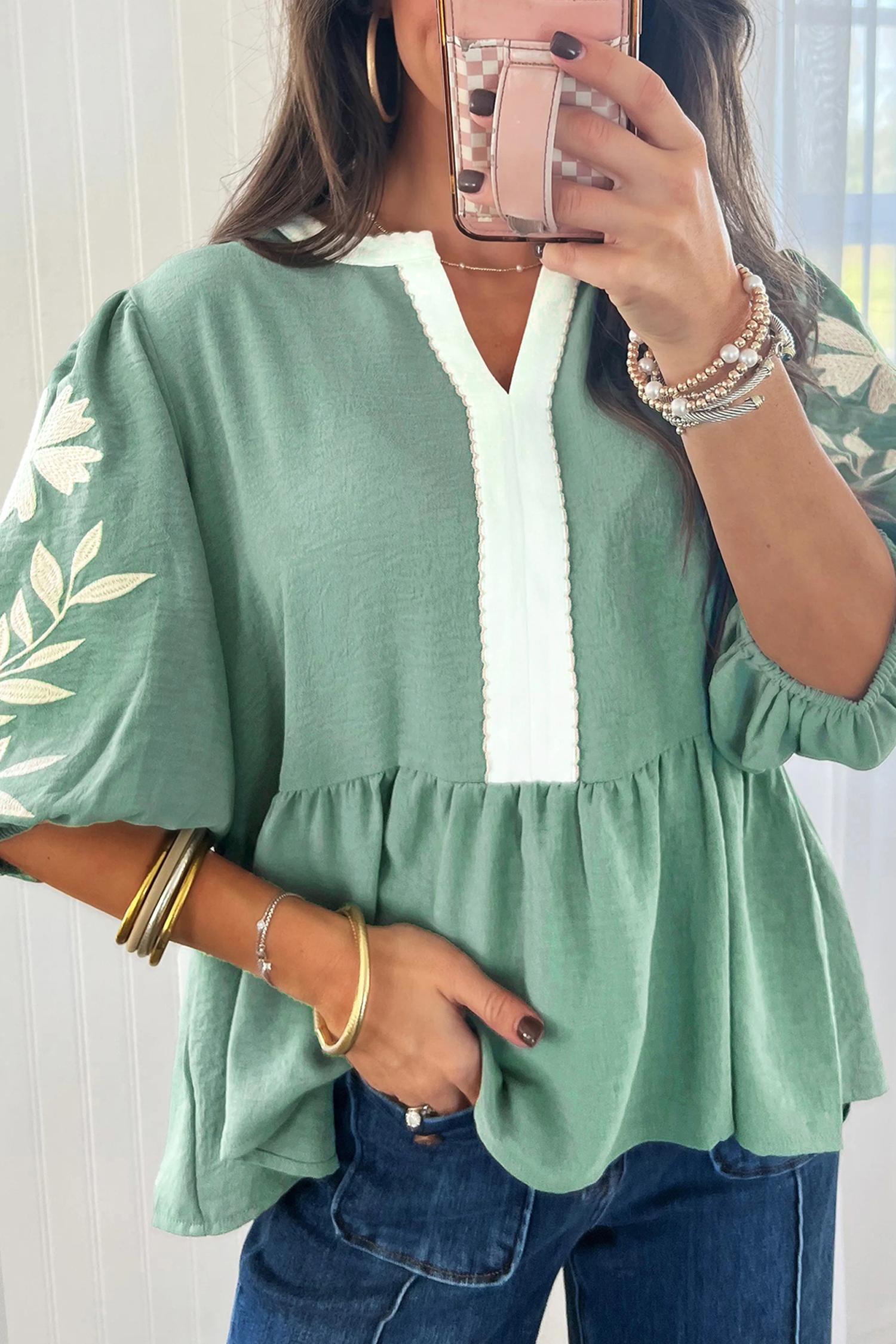Embroidered Puff Sleeve V Neck Babydoll Blouse for Women, Colorblock Patchwork Casual Top Embroidered Puff Sleeve V Neck Babydoll Blouse for Women, Colorblock Patchwork Casual Top