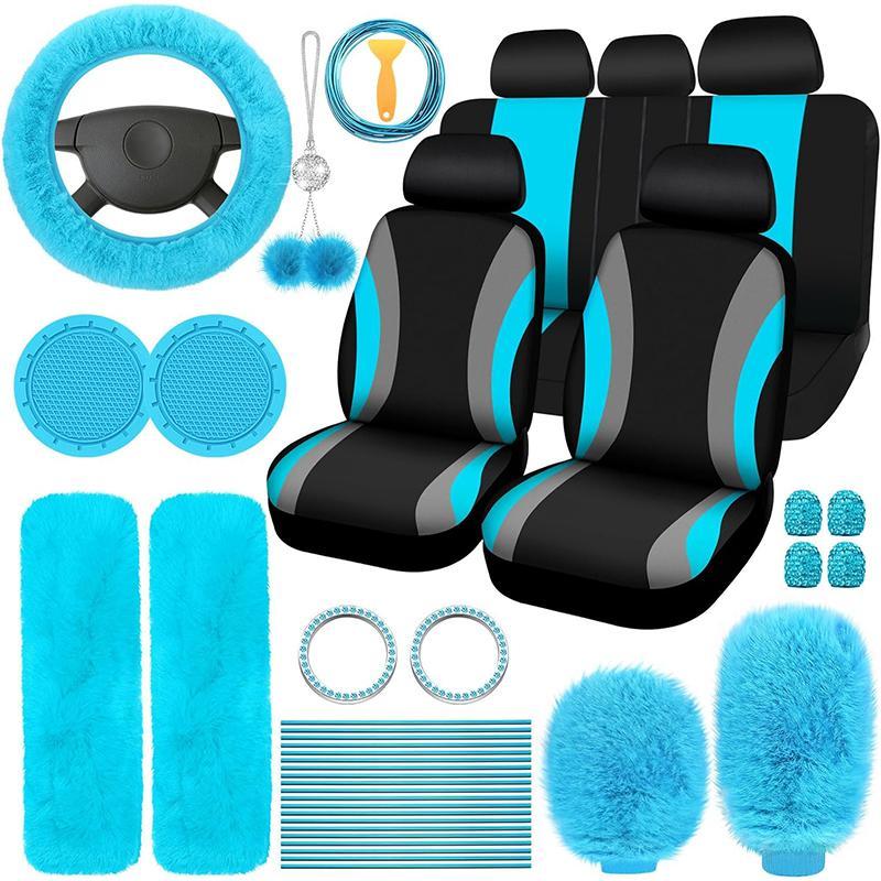 Car Interior Decorative Accessories, Car Seat Decorative Accessories, Universal Plush Steering Wheel Protective Cover Kit, Fashionable Car Interior Seat Set for Women & Men, Cute Car Accessories