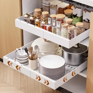 2 Pack Pull Out Cabinet Organizer, 21" Deep Slide Out Drawers for Kitchen Cabinets, No Drill Adhesive Pull Out Drawers, Adjustable Width 12.05"-20.4" Roll Out Shelves for Cabinets