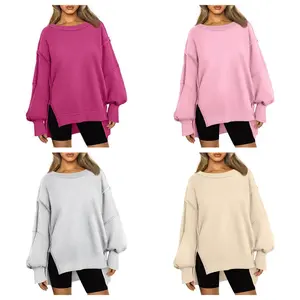 Brave-Luxe Women's Oversized Crew Neck Sweatshirt, Round Neck Long Sleeve Top with Loose Side Slit Design, Casual Autumn Soft Pullover, Fashionable Girls Winter Wear, Autumn Clothing, Suitable for Any Occasion