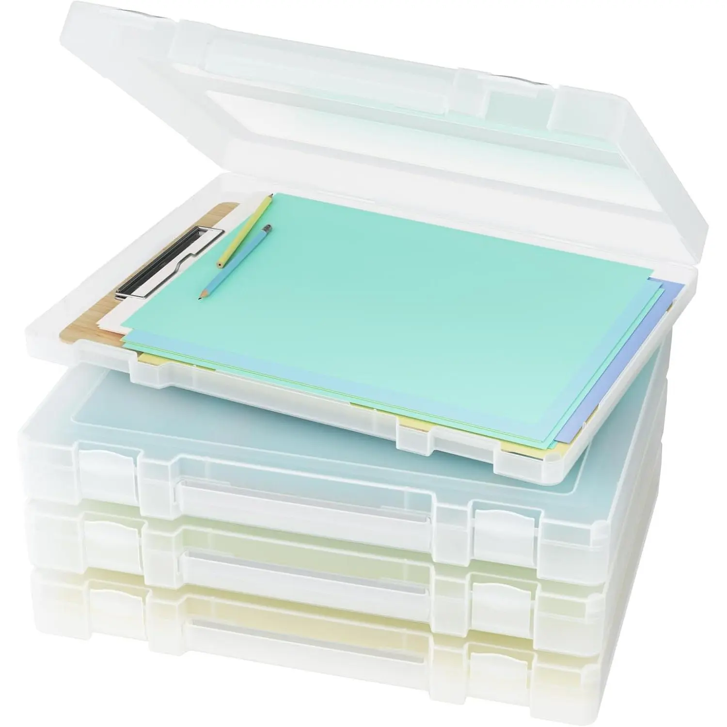 Large Paper Storage Box, 4 Pack Plastic Scrapbook Paper Storage Organizer with Handle for A4, 8.5 x 11 US Letter, Portable File Document Case, Board Game Storage