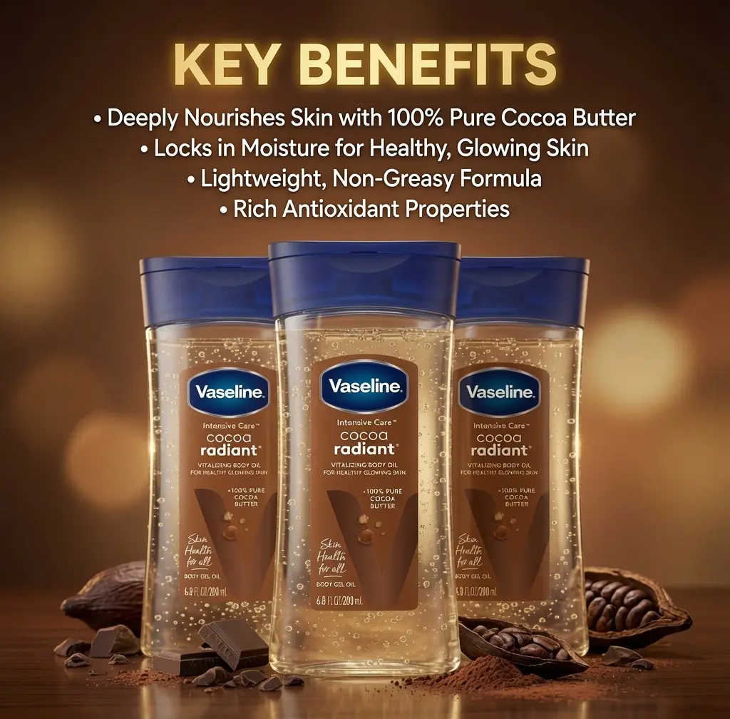Vaseline Intensive Care Cocoa Radiant Body Gel Oil (Pack of 3, 6.8 oz Each) - Body Care Moisturizer with Pure Cocoa Butter for Glowing, Smoothing & Skin-Softening Hydration, Dye Free