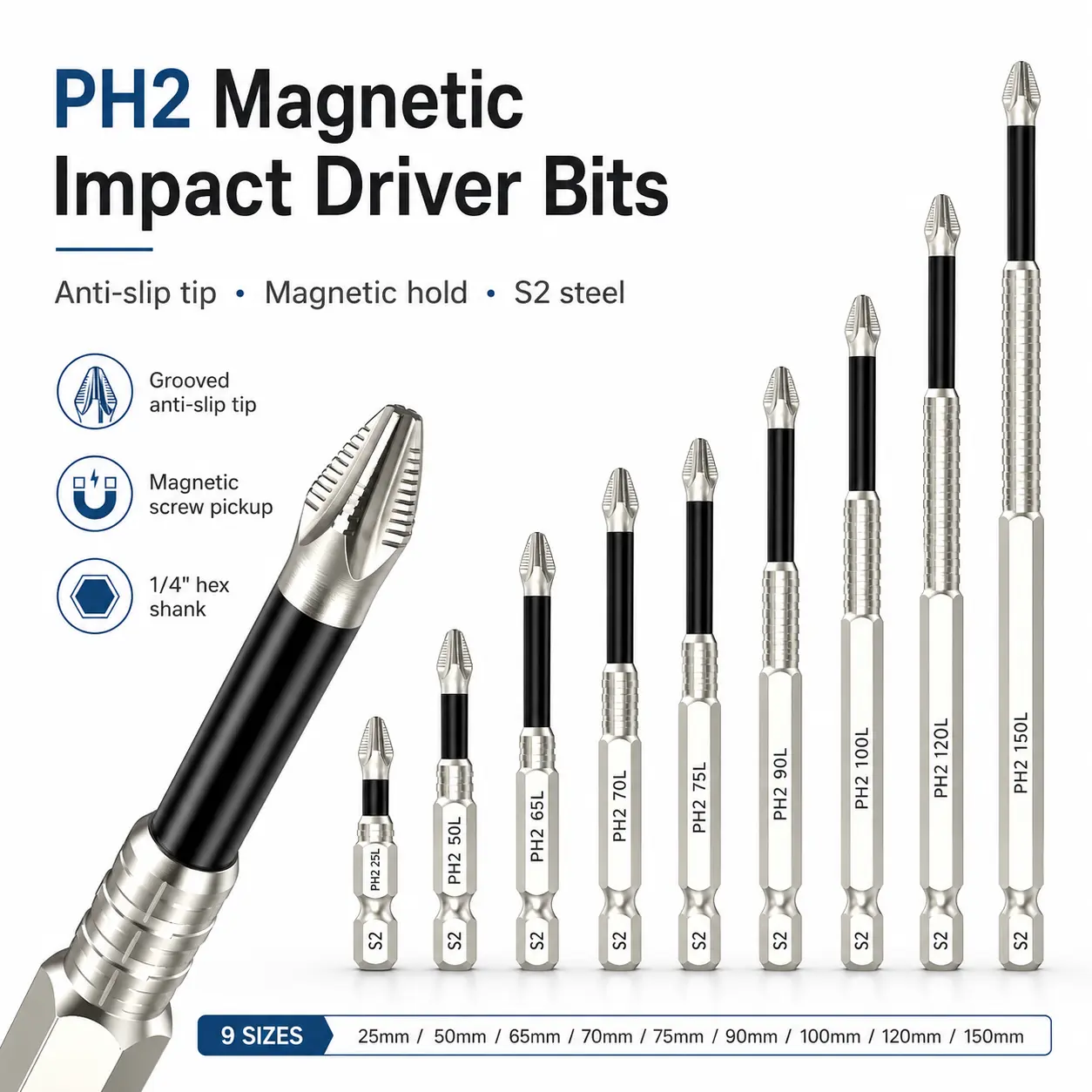 PH2 Non-Slip Magnetic S2 Steel Impact Drill Bit Set - 1/4" Quick-Change Hex Shank Precision Magnetic Stepped Hex Bit Screwdriver Sets for DIY Enthusiasts, Enhances Durability
