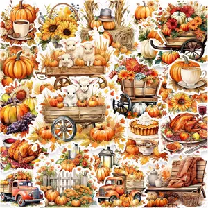 100 PCS Fall Thanksgiving Adhesive Decorative Die-Cut Stickers, Waterproof Vinyl Autumn Pumpkin Cottagecore Decals for Scrapbooking Journals, Party Favors Gifts for Kids Teens, Adhesive Stickers Stickers
