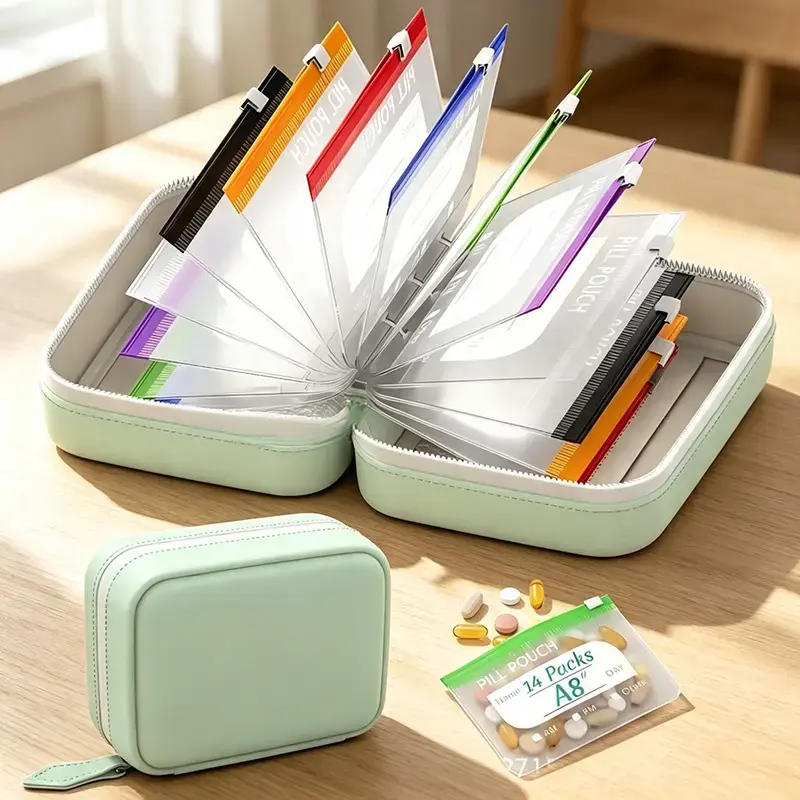 Pill Pouch - Reusable Waterproof Travel Pill Pouches with Zipper Leather Storage Case, 14-Day Write-On Daily Pill Organizer for Pills, Vitamins, Jewelry & Small Items, Health Gift for Parents, Seniors & Travelers
