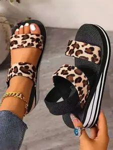 Women's Leopard Print Casual Straw Wedge Sandals, Leopard Print Slides, Classic Striped Open Toe Strap Design, Thick Waterproof Sole, Comfortable Daily Wear Shoes