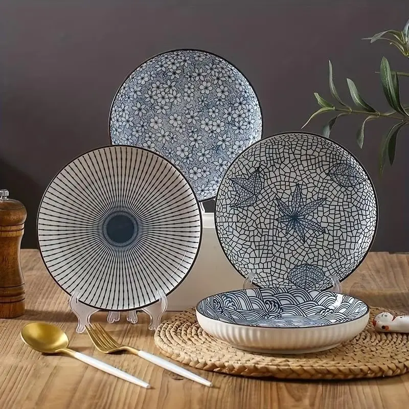 4Pcs Japanese Yamada Ceramic Dinner Plates Set, 8-Inch Blue & Radial Design, Textured Ceramic Plates, Durable Easy-Clean Tableware Dinnerware Serving for Everyday Use