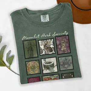Comfort Color Moonlit Herb Society Stamp Tee, Witchy Botanical Comfort Colors Shirt, Cottagecore Green Witch Jackalope Top, Mushroom Folklore Cryptid Tee