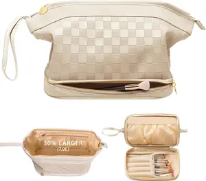 Large Makeup Bag,Double Layer Leather Makeup Bag Organizer,Portable Toiletry Bag, Cosmetic Travel Bag,Waterproof Roomy Bag For Women & Girls