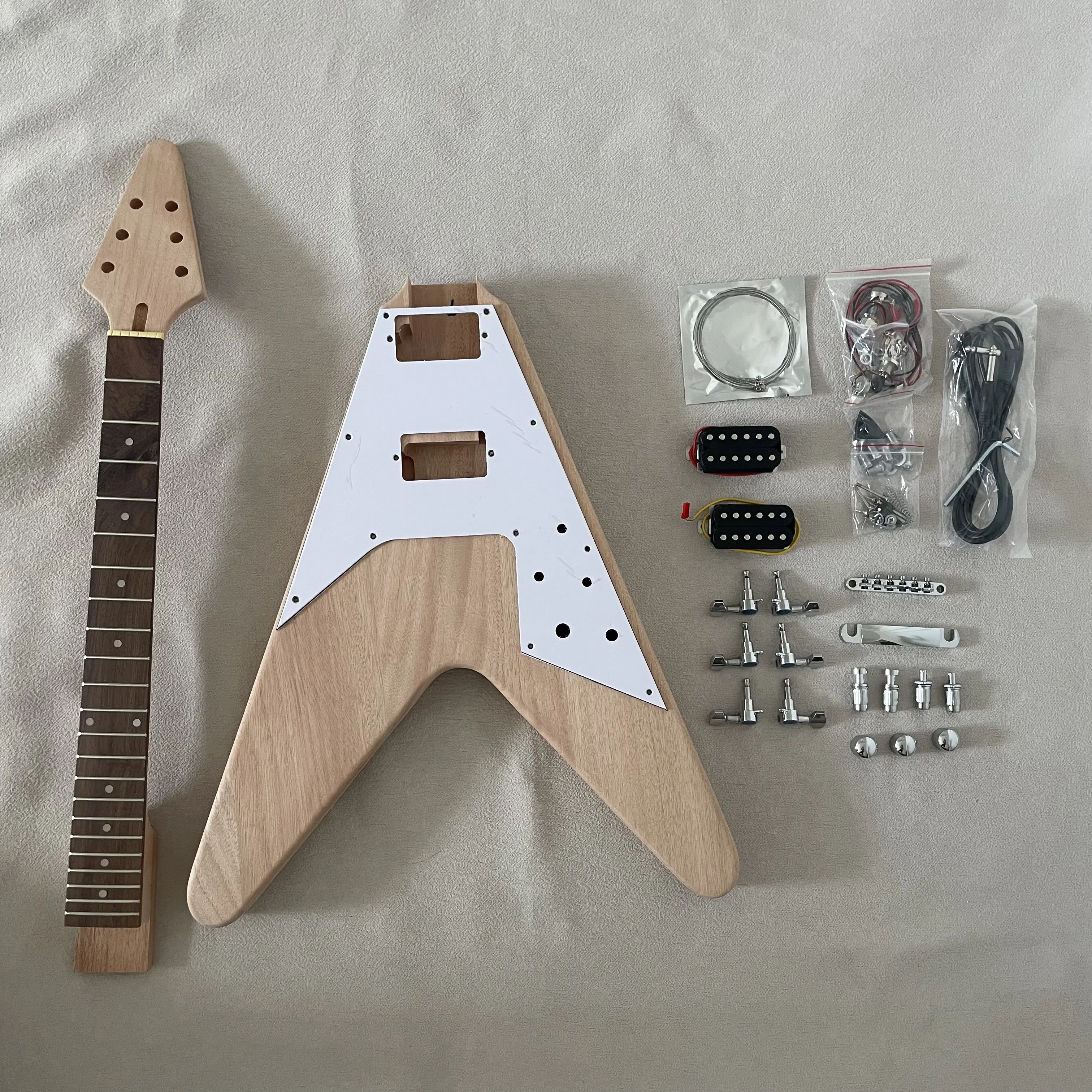 Adult DIY Flying V Shape Electric Guitar Kit Set - Mahogany Body, Mahogany Neck, Rosewood Fingerboard, Dot Inlay, No Battery Needed