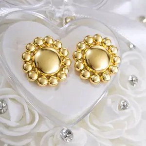 Gold Tone Flower Stud Earrings – Elegant Beaded Design (Medium Size) laminated 14kl
