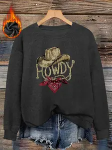 Western Cowboy Howdy Print Plus Size Women's Faux Sweater, Long Sleeve Round Neck Pullover, Soft Elastic Fabric, Casual Fall & Winter Top