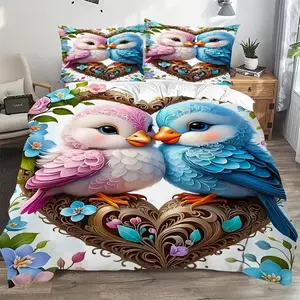 3-piece set of cute cartoon bird bedding, including 1 duvet cover and 2 pillowcases (unfilled) made of polyester material, comfortable all year round