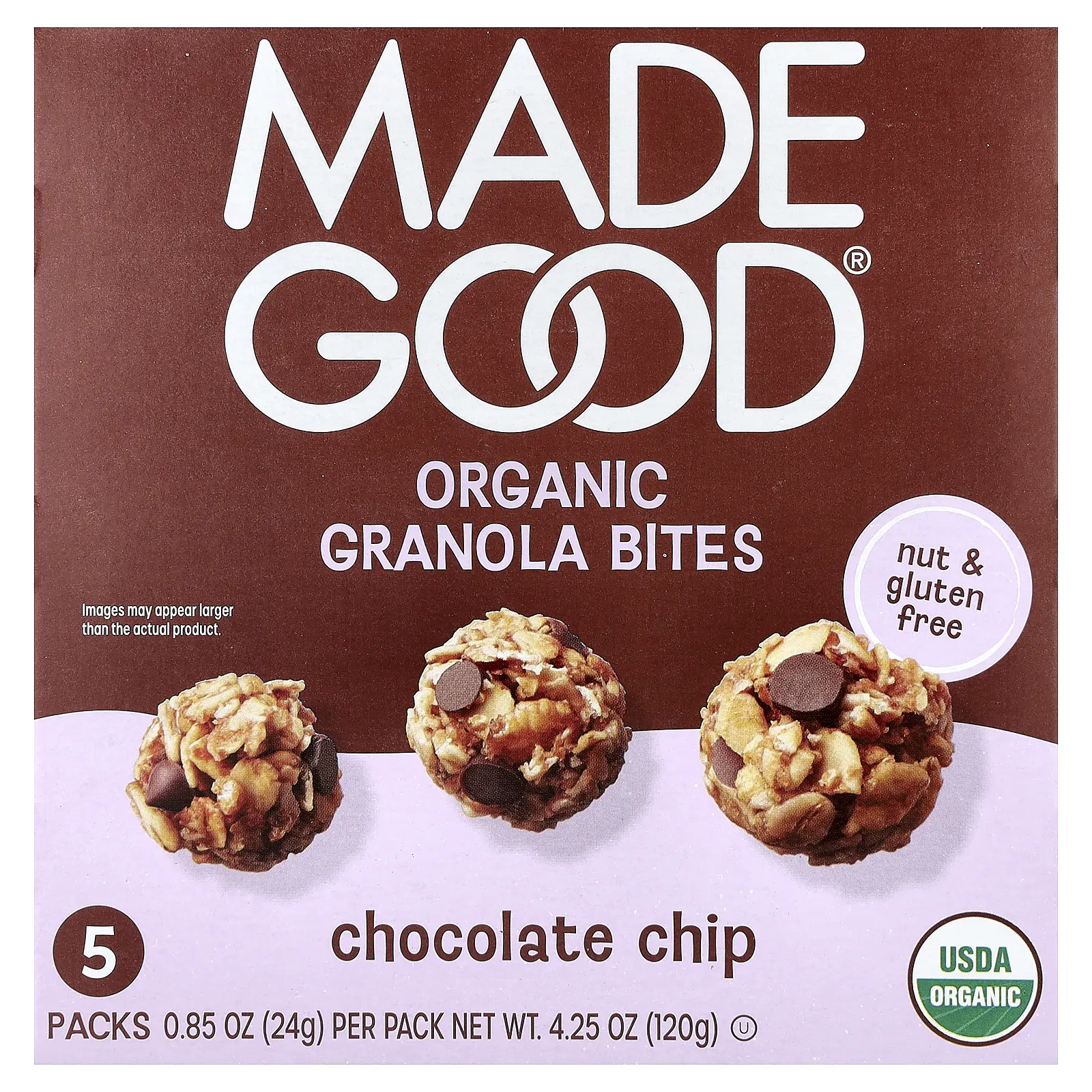 MadeGood Organic Granola Bites, Chocolate Chip, 5 Packs, 0.85 oz (24 g) Each