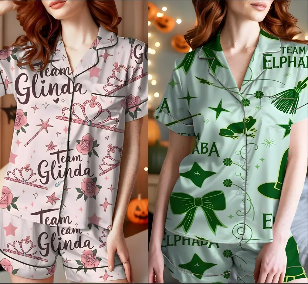 Wicked Pajama Set, Glinda & Elphaba Inspired Sleepwear, Pink Green Bows Long Sleeve Loungewear, Witchy Feminine Pajamas Gift,Pajamas Set for Women